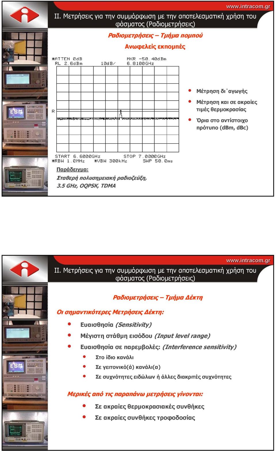 5 GHz, OQPSK, TDMA Ραδιοµετρήσεις Τµήµα έκτη Οι σηµαντικότερες Μετρήσεις έκτη: Ευαισθησία (Sensitivity) Μέγιστη στάθµη εισόδου (Input level range)