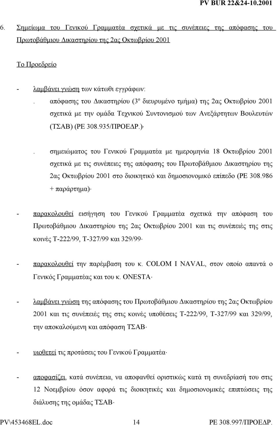 της 2ας Οκτωβρίου 2001 σχετικά με την ομάδα Τεχνικού Συντονισμού των Ανεξάρτητων Βουλευτών (ΤΣΑΒ) 