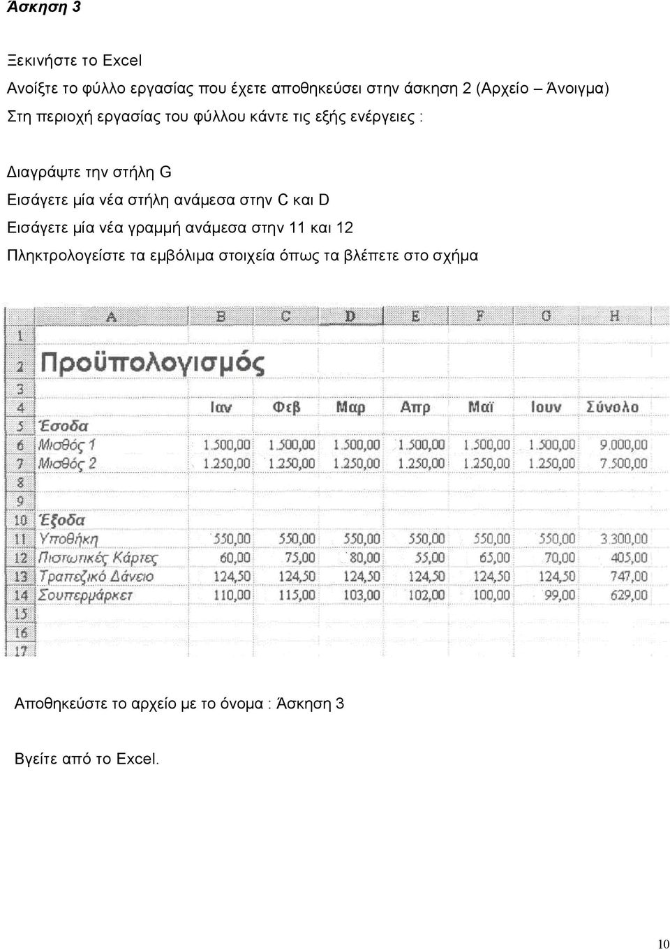 νέα στήλη ανάμεσα στην C και D Εισάγετε μία νέα γραμμή ανάμεσα στην 11 και 12 Πληκτρολογείστε τα