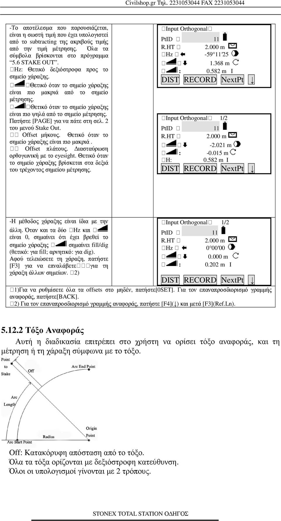 Πατήστε [PAGE] για να πάτε στη σελ. 2 του µενού Stake Out. :: Οffset µήκους. Θετικό όταν το σηµείο χάραξης είναι πιο µακριά. :: Οffset πλάτους. ιασταύρωση ορθογωνική µε το eyesight.