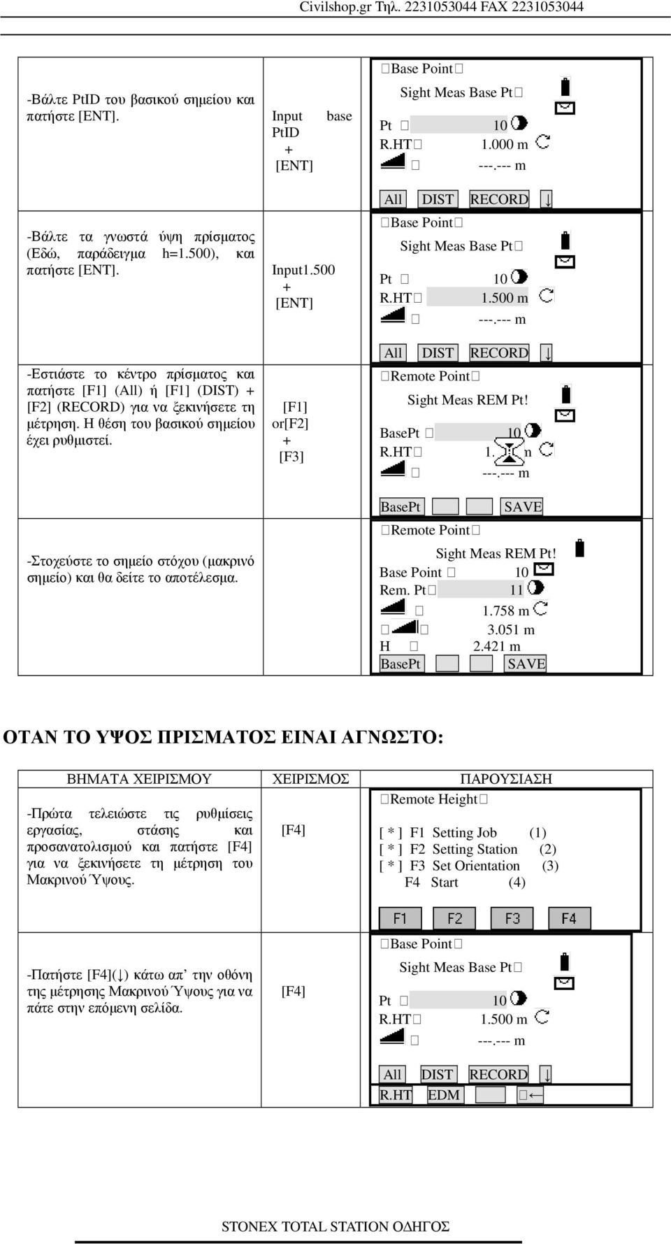 -Στοχεύστε το σηµείο στόχου (µακρινό σηµείο) και θα δείτε το αποτέλεσµα. Input1.500 + [ENT] [F1] or[f2] + [F3] All DIST RECORD :Base Point: Sight Meas Base Pt: Pt : 10 R.HT: 1.500 m : ---.