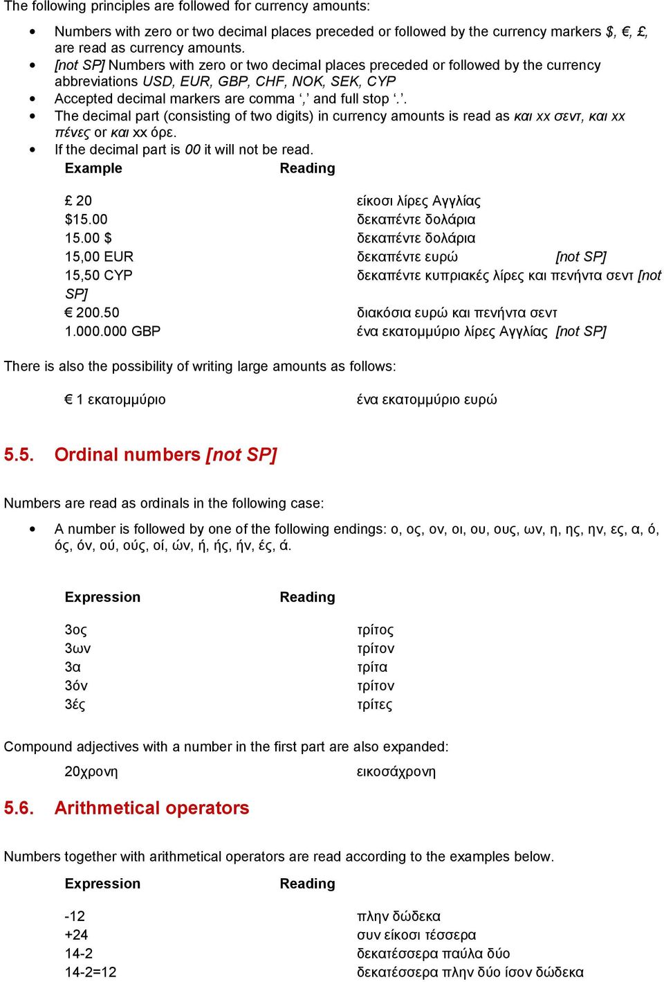 two digits) in currency amounts is read as και xx σεντ, και xx πένες or και xx όρε If the decimal part is 00 it will not be read Example 20 είκοσι λίρες Αγγλίας $1500 δεκαπέντε δολάρια 1500 $