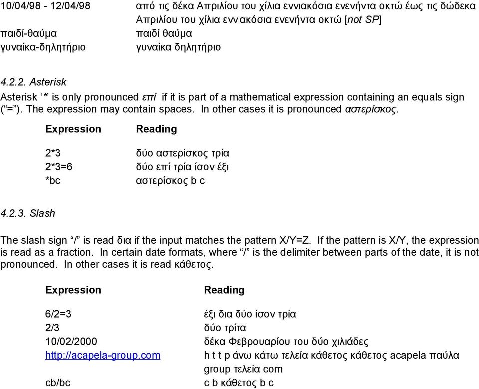 αστερίσκος Expression 2*3 δύο αστερίσκος τρία 2*3=6 δύο επί τρία ίσον έξι *bc αστερίσκος b c 423 Slash The slash sign / is read δια if the input matches the pattern X/Y=Z If the pattern is X/Y, the