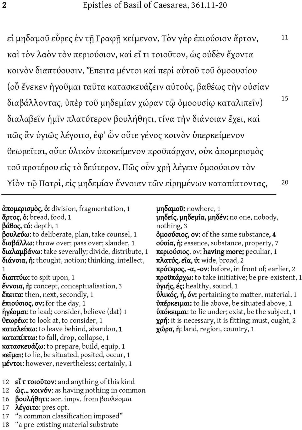 βουλήθητι, τίνα τὴν διάνοιαν ἔχει, καὶ πῶς ἂν ὑγιῶς λέγοιτο, ἐφ ὧν οὔτε γένος κοινὸν ὑπερκείμενον θεωρεῖται, οὔτε ὑλικὸν ὑποκείμενον προϋπάρχον, οὐκ ἀπομερισμὸς τοῦ προτέρου εἰς τὸ δεύτερον.