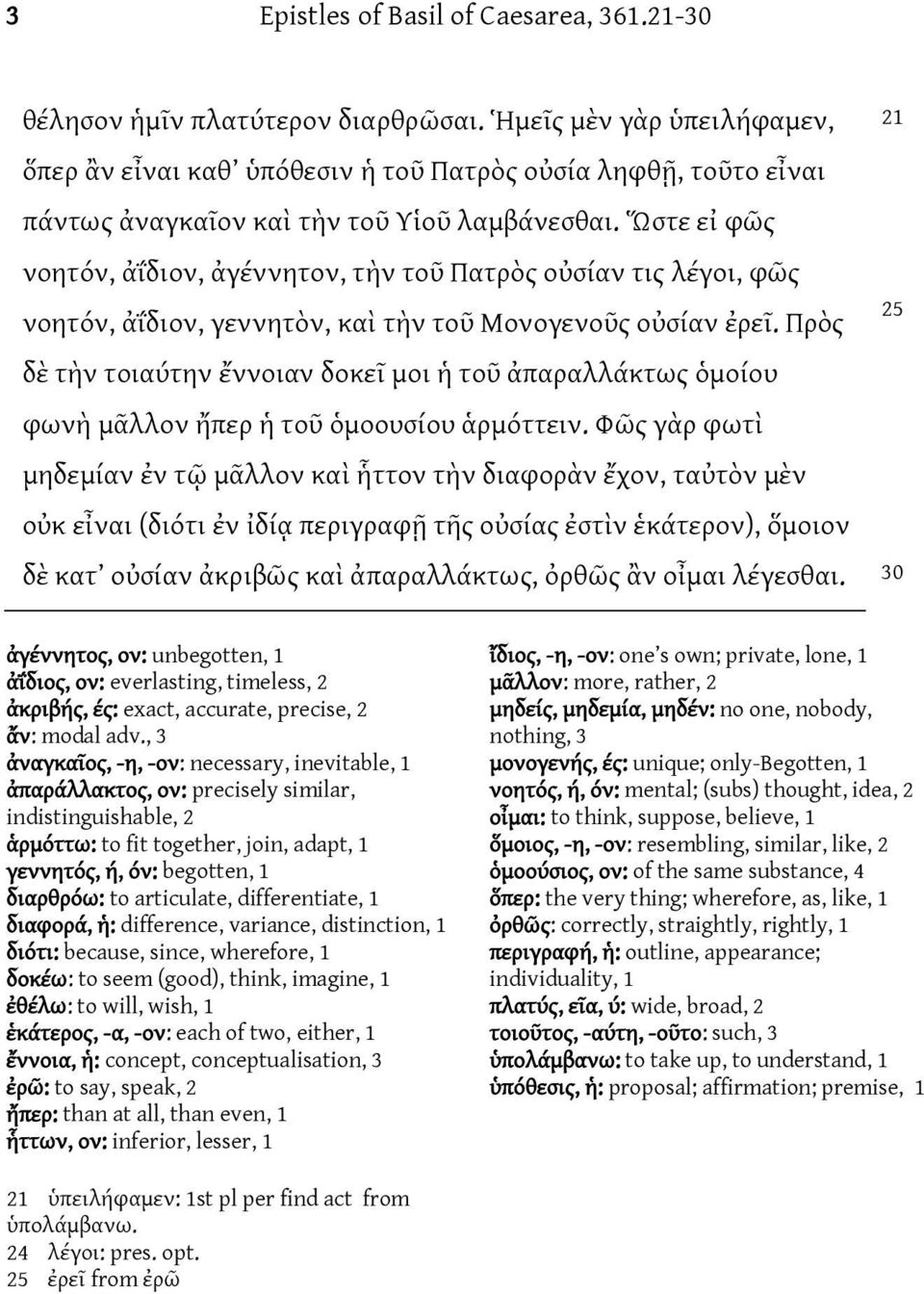 Ὥστε εἰ φῶς νοητόν, ἀΐδιον, ἀγέννητον, τὴν τοῦ Πατρὸς οὐσίαν τις λέγοι, φῶς νοητόν, ἀΐδιον, γεννητὸν, καὶ τὴν τοῦ Μονογενοῦς οὐσίαν ἐρεῖ.