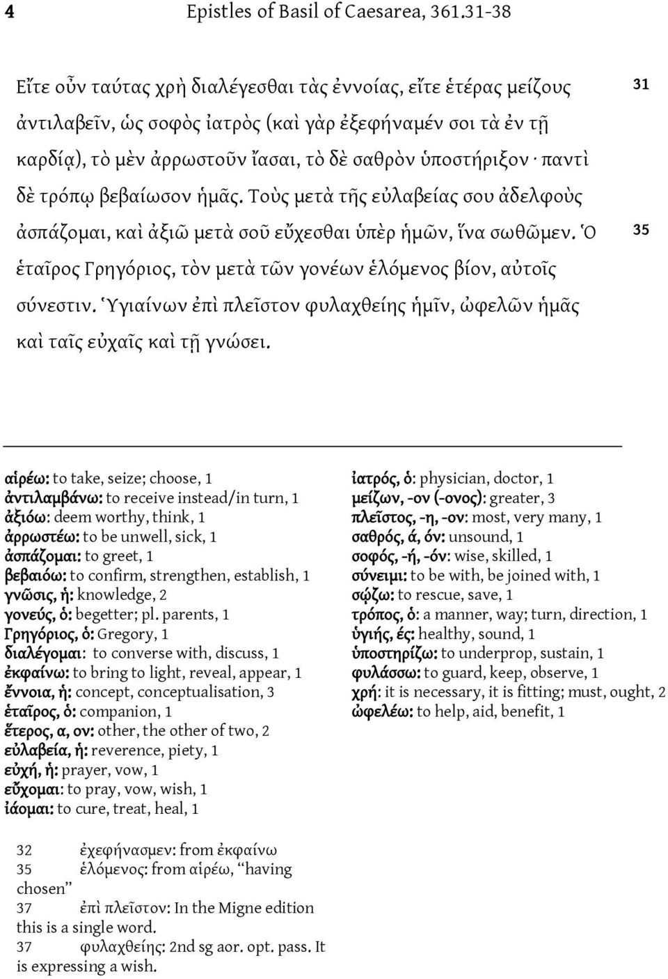 τρόπῳ βεβαίωσον ἡμᾶς. Τοὺς μετὰ τῆς εὐλαβείας σου ἀδελφοὺς ἀσπάζομαι, καὶ ἀξιῶ μετὰ σοῦ εὔχεσθαι ὑπὲρ ἡμῶν, ἵνα σωθῶμεν. Ὁ ἑταῖρος Γρηγόριος, τὸν μετὰ τῶν γονέων ἑλόμενος βίον, αὐτοῖς σύνεστιν.