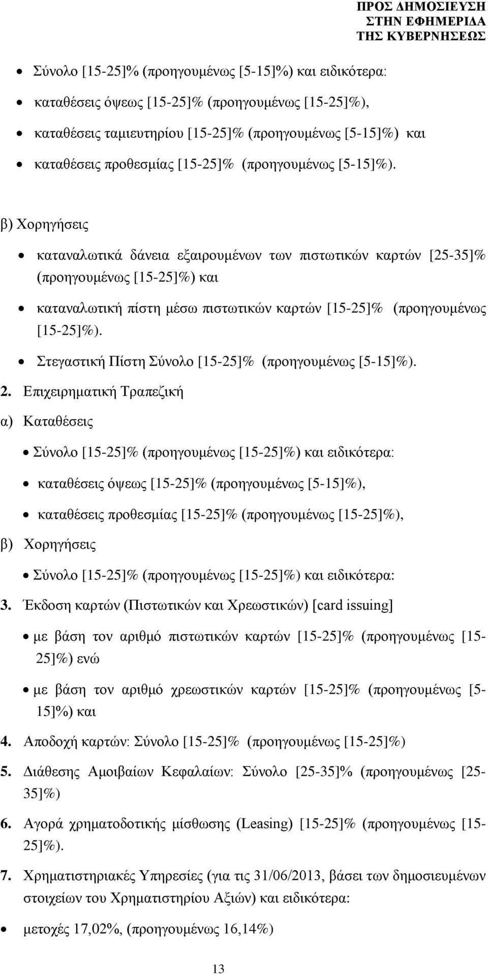 β) Χορηγήσεις καταναλωτικά δάνεια εξαιρουμένων των πιστωτικών καρτών [25-35]% (προηγουμένως [15-25]%) και καταναλωτική πίστη μέσω πιστωτικών καρτών [15-25]% (προηγουμένως [15-25]%).