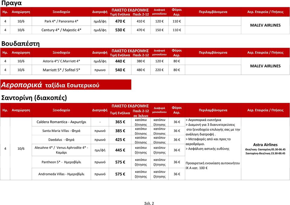 έ Ημ. 4 Αναχώρηση 10/6 Ξενοδοχείο Διατροφή Cld Caldera Romantica Aκρωτήριή 365 Santa Maria Villas Φηρά πρωινό 385 Daedalus Φηρά πρωινό 425 Αlesahne 4* / Venus Aphrodite