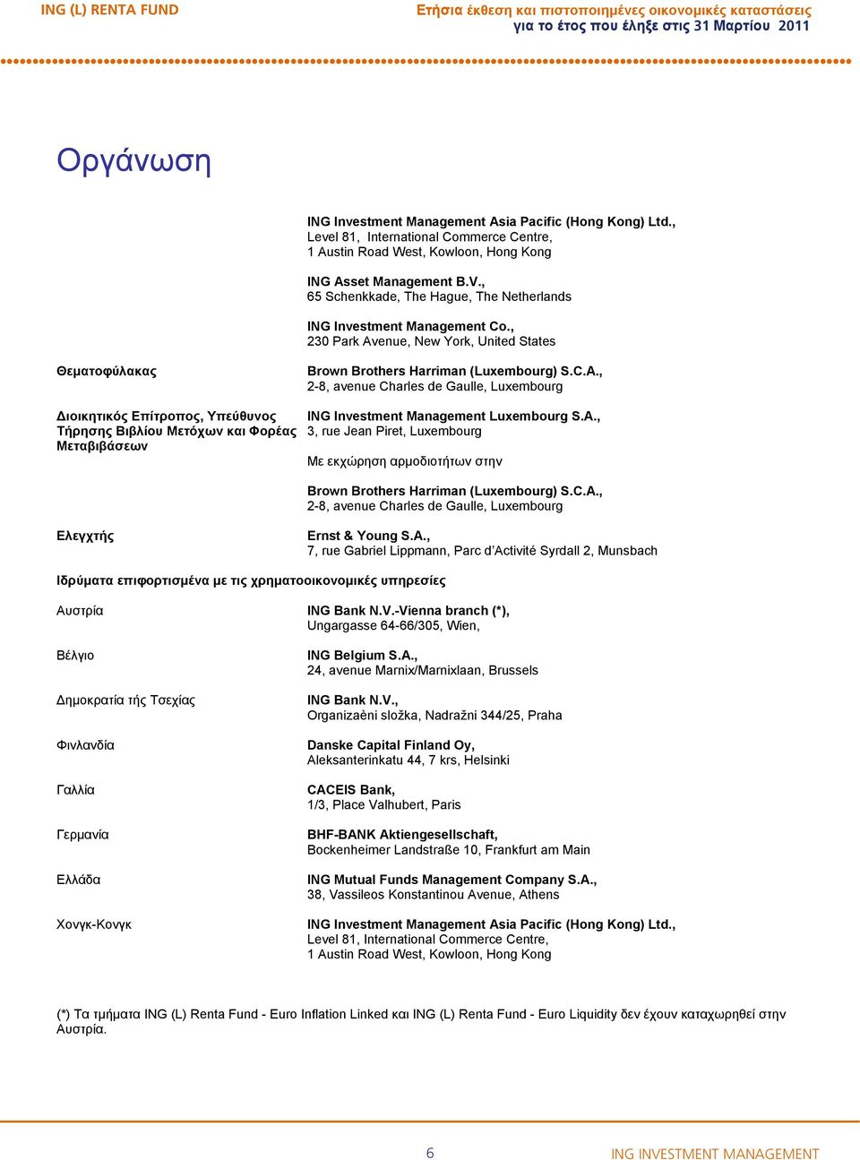 , 230 Park Avenue, New York, United States Θεµατοφύλακας Brown Brothers Harriman (Luxembourg) S.C.A., 28, avenue Charles de Gaulle, Luxembourg ιοικητικός Επίτροπος, Υπεύθυνος ING Investment Management Luxembourg S.