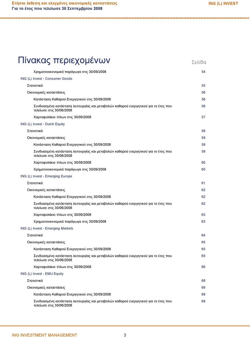 στις 30/09/2008 57 ING (L) Invest Dutch Equity Στατιστικά 58 Οικονομικές καταστάσεις 59 Κατάσταση Καθαρού Ενεργητικού στις 30/09/2008 59 Συνδυασμένη κατάσταση λειτουργίας και μεταβολών καθαρού