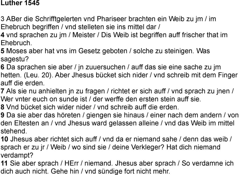 Aber Jhesus bücket sich nider / vnd schreib mit dem Finger auff die erden.