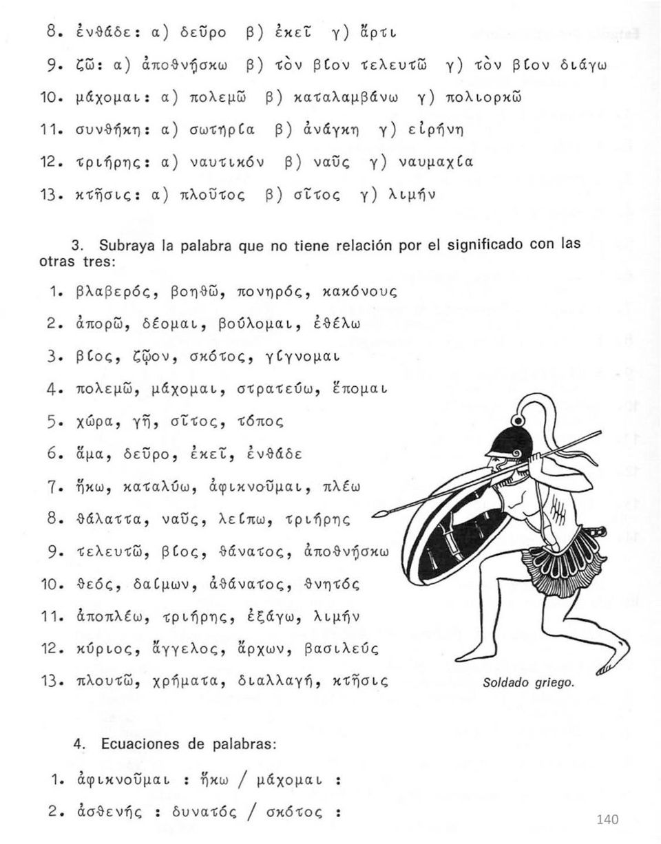 βλαβερός, βοηθώ, πονηρός, κακόνους 2. απορώ, δέομαι, βούλομαι, έθέλω 3 βίος, ζώον, σκότος, γίγνομαι 4 πολεμώ, μάχομαι, στρατεύω, έπομαι 5 χώρα, γη, σίτος, τόπος 6.