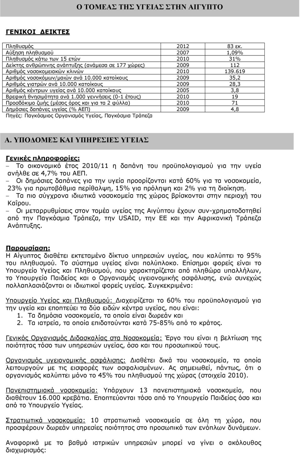 000 κατοίκους 2009 35,2 Αριθµός γιατρών ανά 10.000 κατοίκους 2009 28,3 Αριθµός κέντρων υγείας ανά 10.000 κατοίκους 2005 3,8 Βρεφική θνησιµότητα ανά 1.