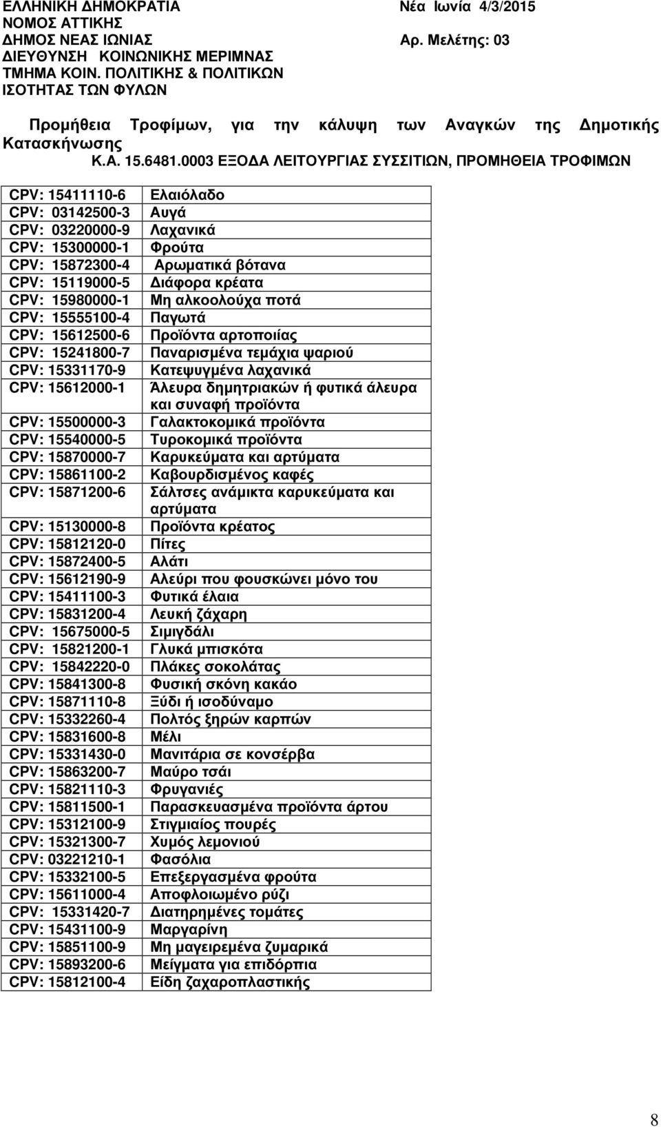 0003 ΕΞΟ Α ΛΕΙΤΟΥΡΓΙΑΣ ΣΥΣΣΙΤΙΩΝ, ΠΡΟΜΗΘΕΙΑ ΤΡΟΦΙΜΩΝ : 15411110-6 : 03142500-3 : : 15300000-1 : 15872300-4 : 15119000-5 : 15980000-1 : 15555100-4 : 15612500-6 : 15241800-7 : 15331170-9 : 15612000-1 :