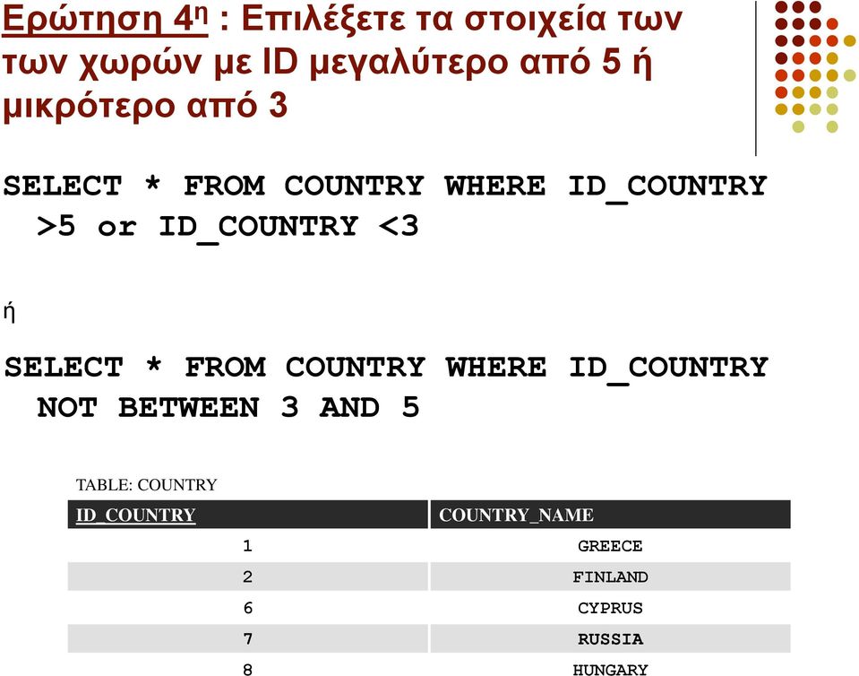 <3 ή SELECT * FROM COUNTRY WHERE ID_COUNTRY NOT BETWEEN 3 AND 5 TABLE: