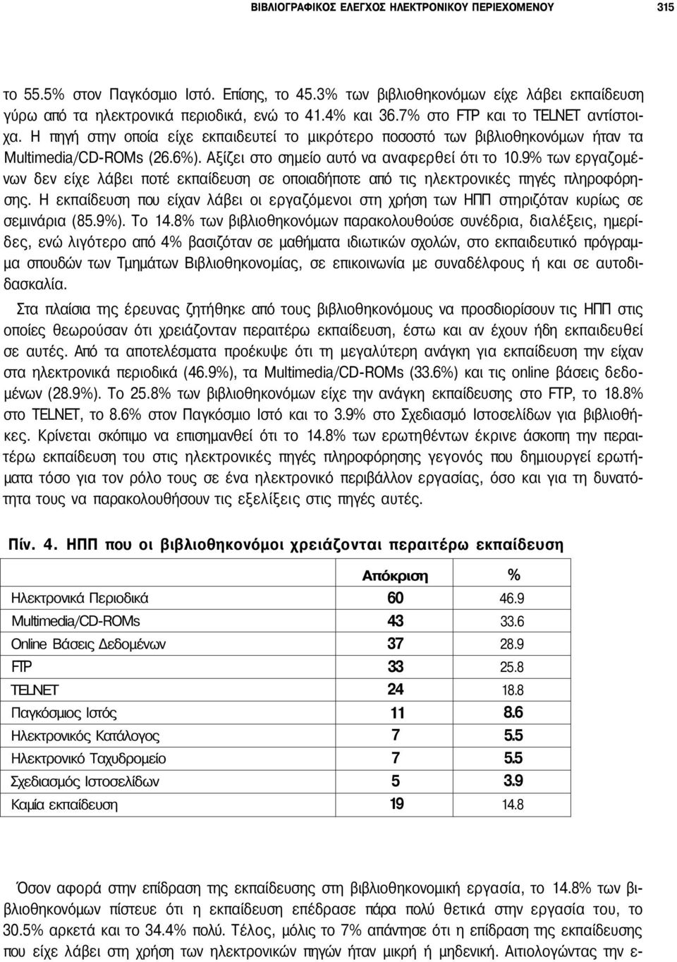 9% των εργαζομένων δεν είχε λάβει ποτέ εκπαίδευση σε οποιαδήποτε από τις ηλεκτρονικές πηγές πληροφόρησης.