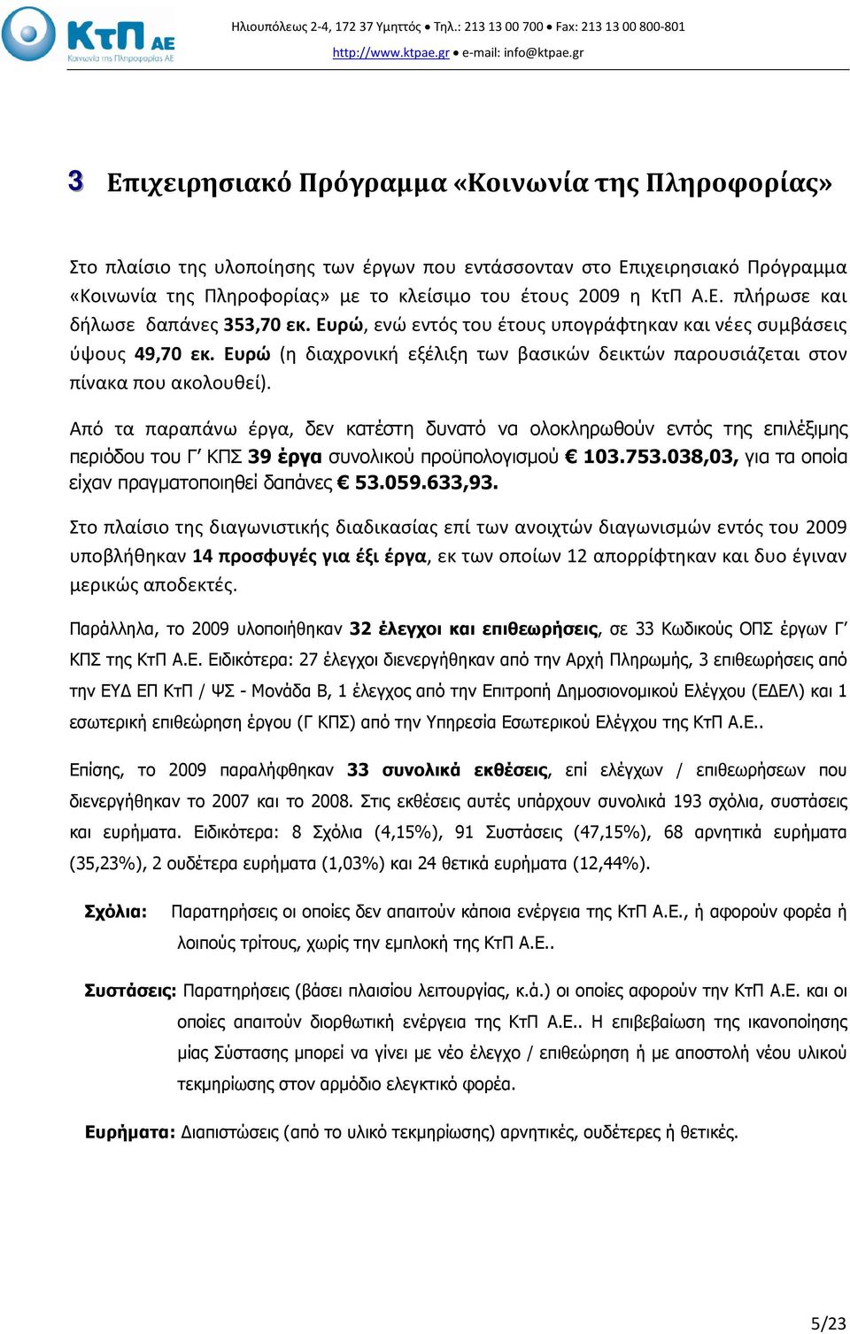 Ευρώ, ενώ εντός του έτους υπογράφτηκαν και νέες συμβάσεις ύψους 49,70 εκ. Ευρώ (η διαχρονική εξέλιξη των βασικών δεικτών παρουσιάζεται στον πίνακα που ακολουθεί).