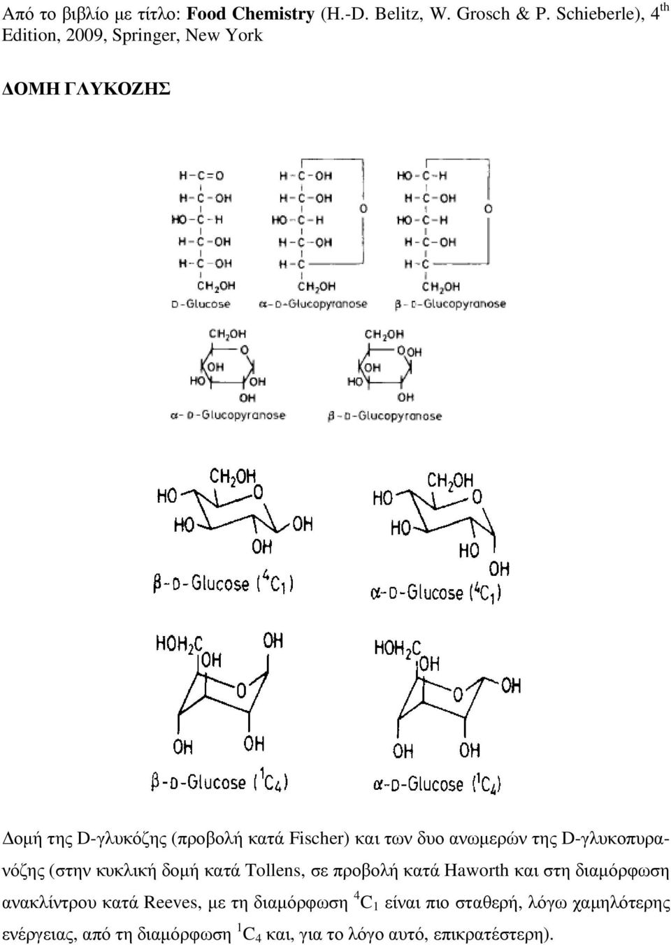 των δυο ανωµερών της D-γλυκοπυρανόζης (στην κυκλική δοµή κατά Tollens, σε προβολή κατά Haworth και στη