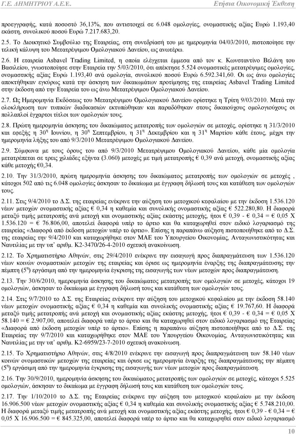 Ζ εηαηξεέα Asbavel Trading Limited, ε νπνέα ειϋγρεηαη Ϋκκεζα απφ ηνλ θ. Κσλζηαληέλν ΒειΪλε ηνπ Βαζηιεένπ, γλσζηνπνέεζε ζηελ Δηαηξεέα ηελ 5/03/2010, φηη απϋθηεζε 5.