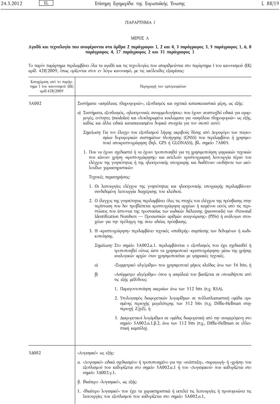 428/2009, όπως ορίζονται στον εν λόγω κανονισμό, με τις ακόλουθες εξαιρέσεις: Καταχώριση από το παράρτημα I του κανονισμού (ΕΚ) αριθ.