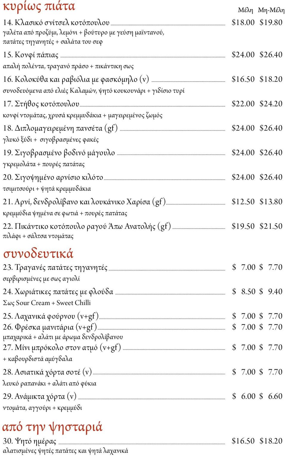 00 $24.20 κονφί ντομάτας, χρυσά κρεμμυδάκια + μαγειρεμένος ζωμός 18. Διπλομαγειρεμένη πανσέτα (gf ) $24.00 $26.40 γλυκό ξύδι + σιγοβρασμένες φακές 19. Σιγοβρασμένο βοδινό μάγουλο $24.00 $26.40 γκρεμολάτα + πουρές πατάτας 20.