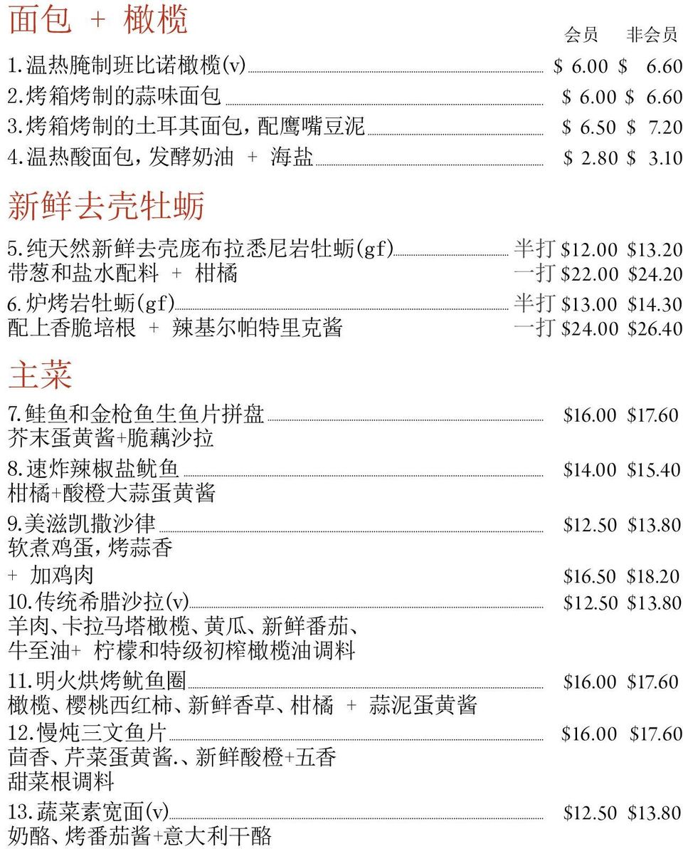 鲑 鱼 和 金 枪 鱼 生 鱼 片 拼 盘 $16.00 $17.60 芥 末 蛋 黄 酱 + 脆 藕 沙 拉 8. 速 炸 辣 椒 盐 鱿 鱼 $14.00 $15.40 柑 橘 + 酸 橙 大 蒜 蛋 黄 酱 9. 美 滋 凯 撒 沙 律 $12.50 $13.80 软 煮 鸡 蛋, 烤 蒜 香 + 加 鸡 肉 $16.50 $18.20 10. 传 统 希 腊 沙 拉 (v) $12.