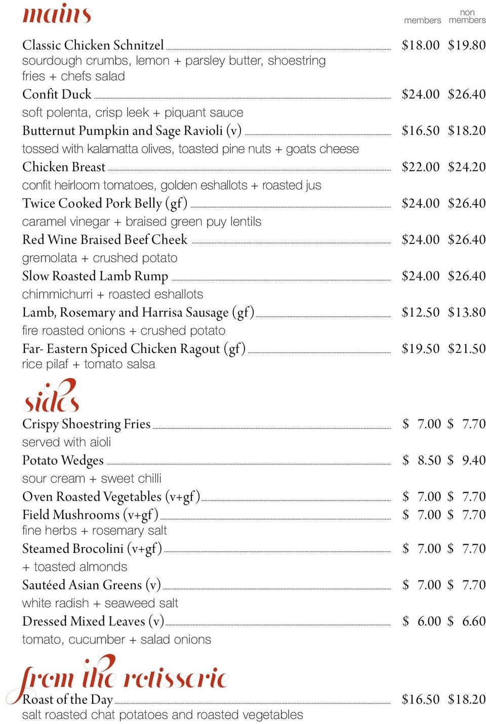 20 confit heirloom tomatoes, golden eshallots + roasted jus Twice Cooked Pork Belly (gf ) $24.00 $26.40 caramel vinegar + braised green puy lentils Red Wine Braised Beef Cheek $24.00 $26.40 gremolata + crushed potato Slow Roasted Lamb Rump $24.