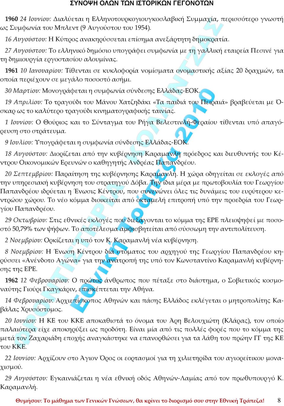 1961 10 Ιανουαρίου: Τίθενται σε κυκλοφορία νομίσματα ονομαστικής αξίας 20 δραχμών, τα οποία περιέχουν σε μεγάλο ποσοστό ασήμι. 30 Μαρτίου: Μονογράφεται η συμφωνία σύνδεσης Ελλάδας ΕΟΚ.