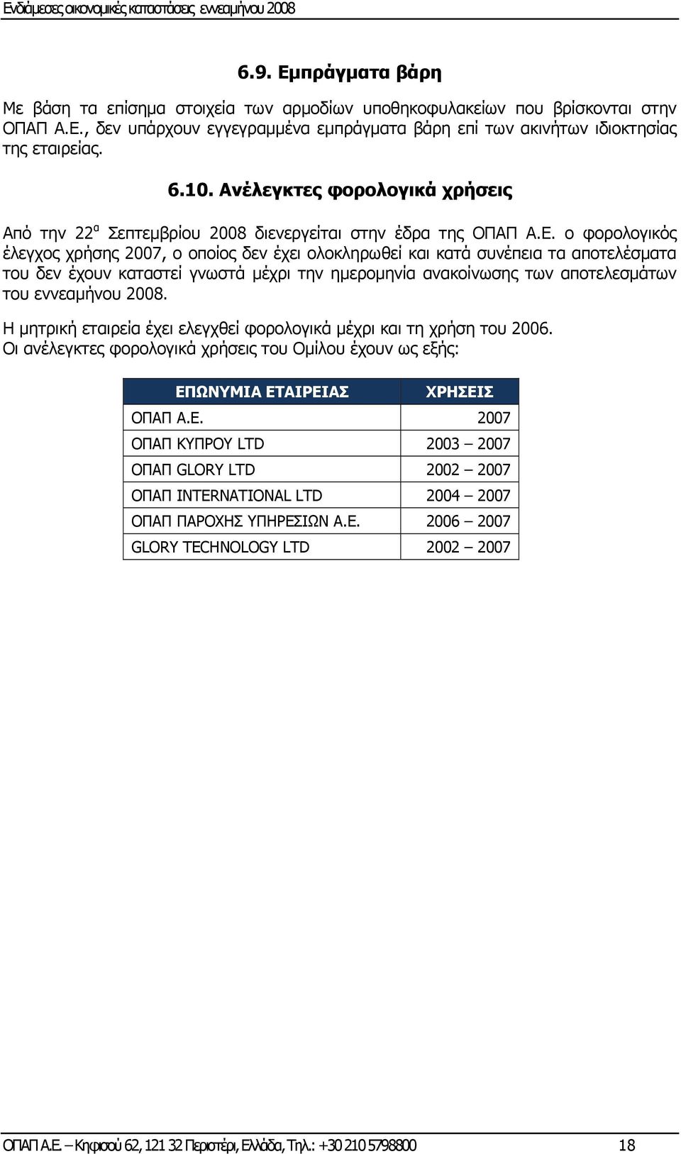 ο φορολογικός έλεγχος χρήσης 2007, ο οποίος δεν έχει ολοκληρωθεί και κατά συνέπεια τα αποτελέσματα του δεν έχουν καταστεί γνωστά μέχρι την ημερομηνία ανακοίνωσης των αποτελεσμάτων του εννεαμήνου 2008.