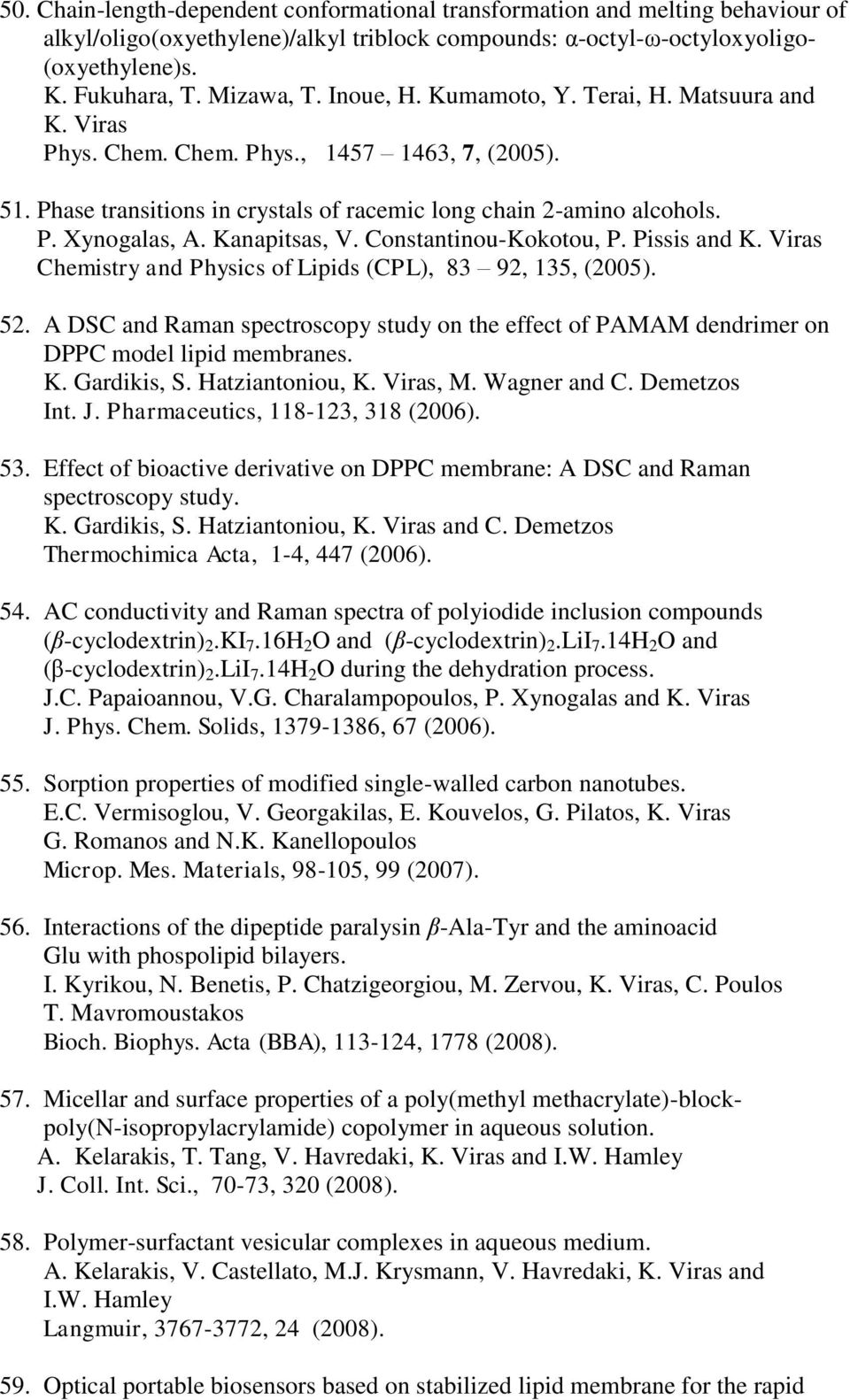 Constantinou-Kokotou, P. Pissis and Chemistry and Physics of Lipids (CPL), 83 92, 135, (2005). 52. A DSC and Raman spectroscopy study on the effect of PAMAM dendrimer on DPPC model lipid membranes. K.