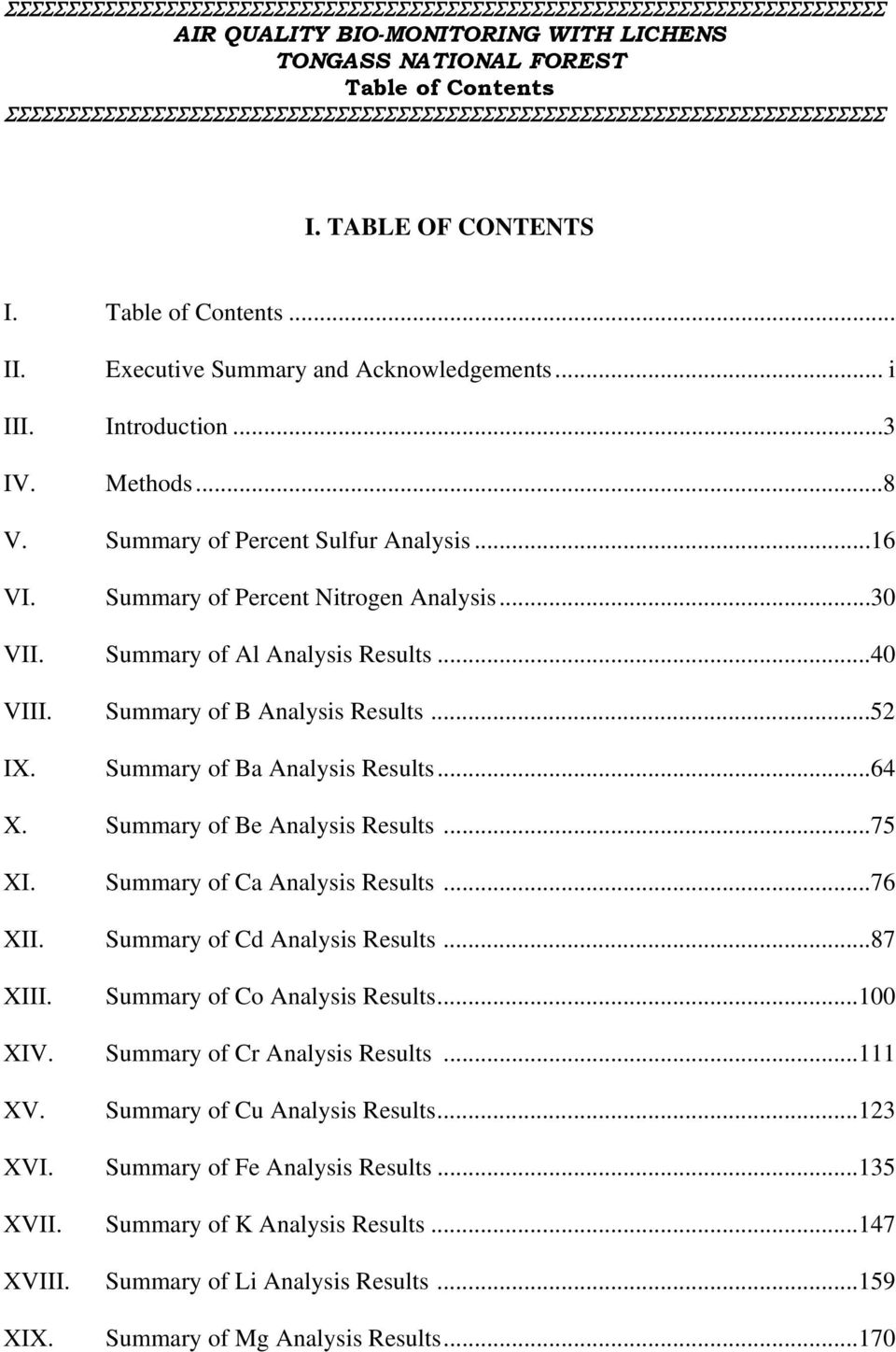 Summary of Be Analysis Results...75 XI. Summary of Ca Analysis Results...76 XII. Summary of Cd Analysis Results...87 XIII. Summary of Co Analysis Results...100 XIV.