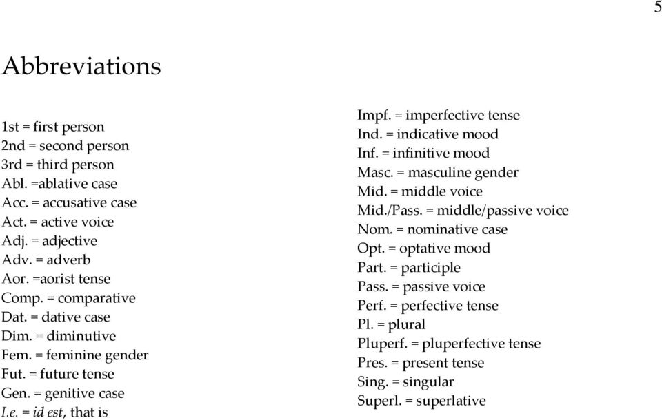 = imperfective tense Ind. = indicative mood Inf. = infinitive mood Masc. = masculine gender Mid. = middle voice Mid./Pass. = middle/passive voice Nom. = nominative case Opt.