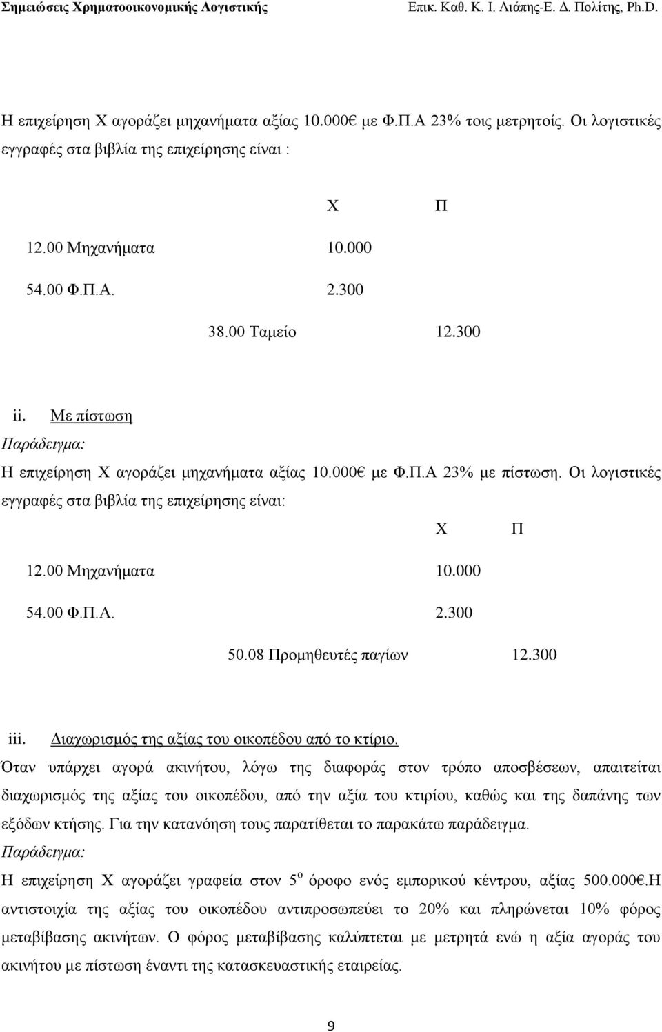 300 50.08 Πξνκεζεπηέο παγίσλ 12.300 iii. Γηαρσξηζκφο ηεο αμίαο ηνπ νηθνπέδνπ απφ ην θηίξην.