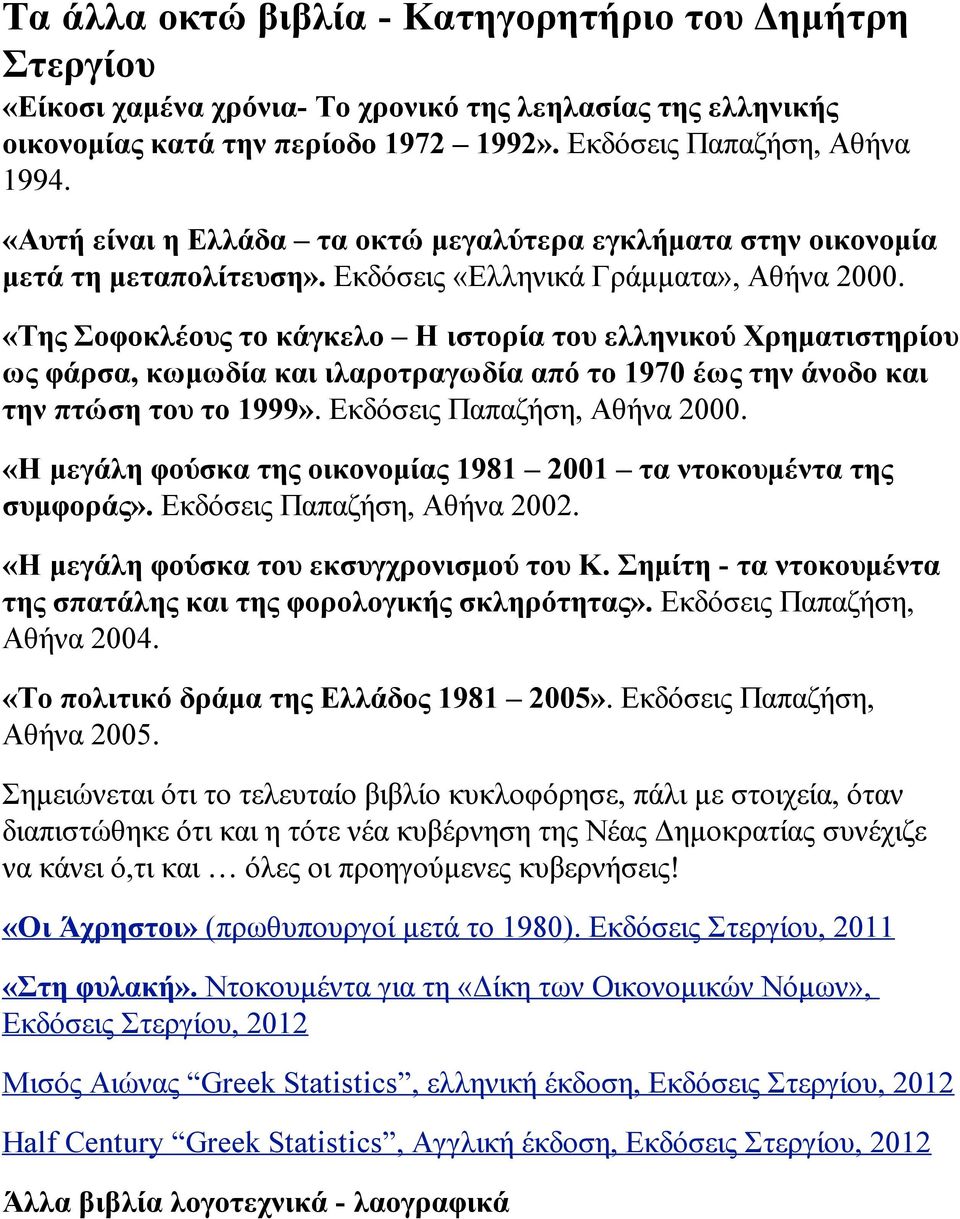 «Της Σοφοκλέους το κάγκελο Η ιστορία του ελληνικού Χρηµατιστηρίου ως φάρσα, κωµωδία και ιλαροτραγωδία από το 1970 έως την άνοδο και την πτώση του το 1999». Εκδόσεις Παπαζήση, Αθήνα 2000.