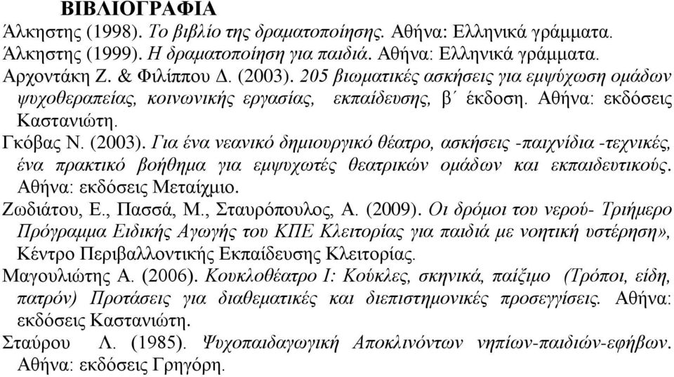 Γηα έλα λεαληθό δεκηνπξγηθό ζέαηξν, αζθήζεηο -παηρλίδηα -ηερληθέο, έλα πξαθηηθό βνήζεκα γηα εκςπρσηέο ζεαηξηθώλ νκάδσλ θαη εθπαηδεπηηθνύο. Αζήλα: εθδφζεηο Μεηαίρκην. Εσδηάηνπ, Δ., Παζζά, Μ.