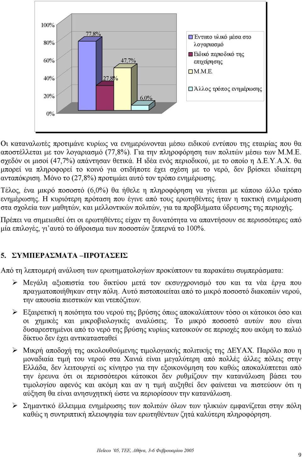 Για την πληροφόρηση των πολιτών µέσω των Μ.Μ.Ε. σχεδόν οι µισοί (47,7%) απάντησαν θετικά. Η ιδέα ενός περιοδικού, µε το οποίο η.ε.υ.α.χ. θα µπορεί να πληροφορεί το κοινό για οτιδήποτε έχει σχέση µε το νερό, δεν βρίσκει ιδιαίτερη ανταπόκριση.