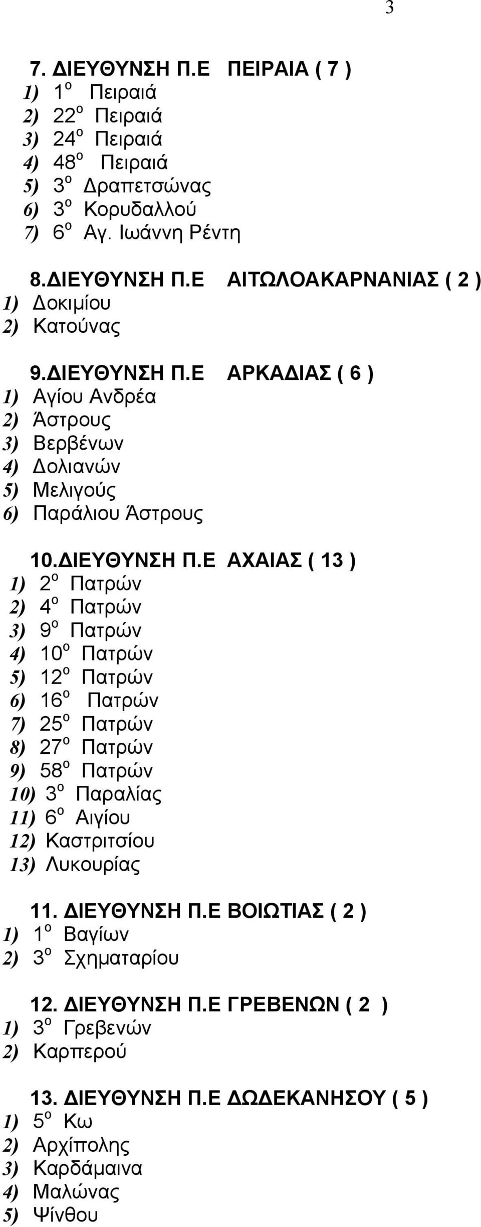 Ε ΑΧΑΙΑΣ ( 13 ) 1) 2 ο Πατρών 2) 4 ο Πατρών 3) 9 ο Πατρών 4) 10 ο Πατρών 5) 12 ο Πατρών 6) 16 ο Πατρών 7) 25 ο Πατρών 8) 27 ο Πατρών 9) 58 ο Πατρών 10) 3 ο Παραλίας 11) 6 ο Αιγίου 12)