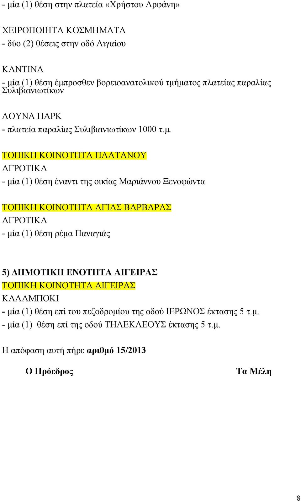 ΤΟΠΙΚΗ ΚΟΙΝΟΤΗΤΑ ΠΛΑΤΑΝΟΥ - μία (1) θέση έναντι της οικίας Μαριάννου Ξενοφώντα ΤΟΠΙΚΗ ΚΟΙΝΟΤΗΤΑ ΑΓΙΑΣ ΒΑΡΒΑΡΑΣ - μία (1) θέση ρέμα Παναγιάς 5)