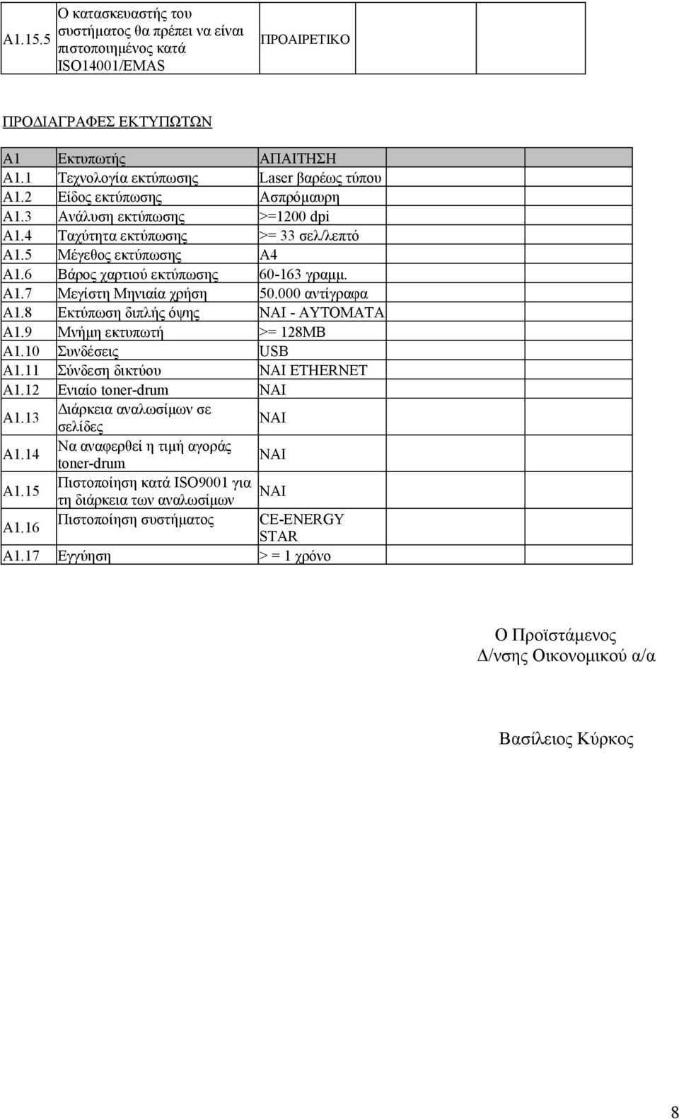 000 αντίγραφα A1.8 Εκτύπωση διπλής όψης - ΑΥΤΟΜΑΤΑ A1.9 Μνήμη εκτυπωτή >= 128ΜΒ Α1.10 Συνδέσεις USB Α1.11 Σύνδεση δικτύου NAI ΕΤΗΕRΝΕΤ Α1.12 Ενιαίο toner-drum NAI A1.