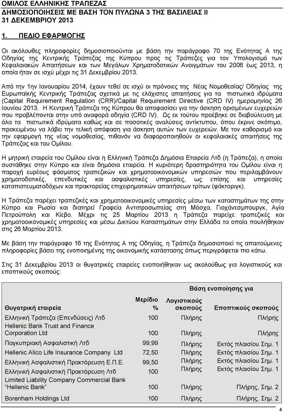 Από την 1ην Ιανουαρίου 2014, έχουν τεθεί σε ισχύ οι πρόνοιες της Νέας Νομοθεσίας/ Οδηγίας της Ευρωπαϊκής Κεντρικής Τράπεζας σχετικά με τις ελάχιστες απαιτήσεις για τα πιστωτικά ιδρύματα (Capital