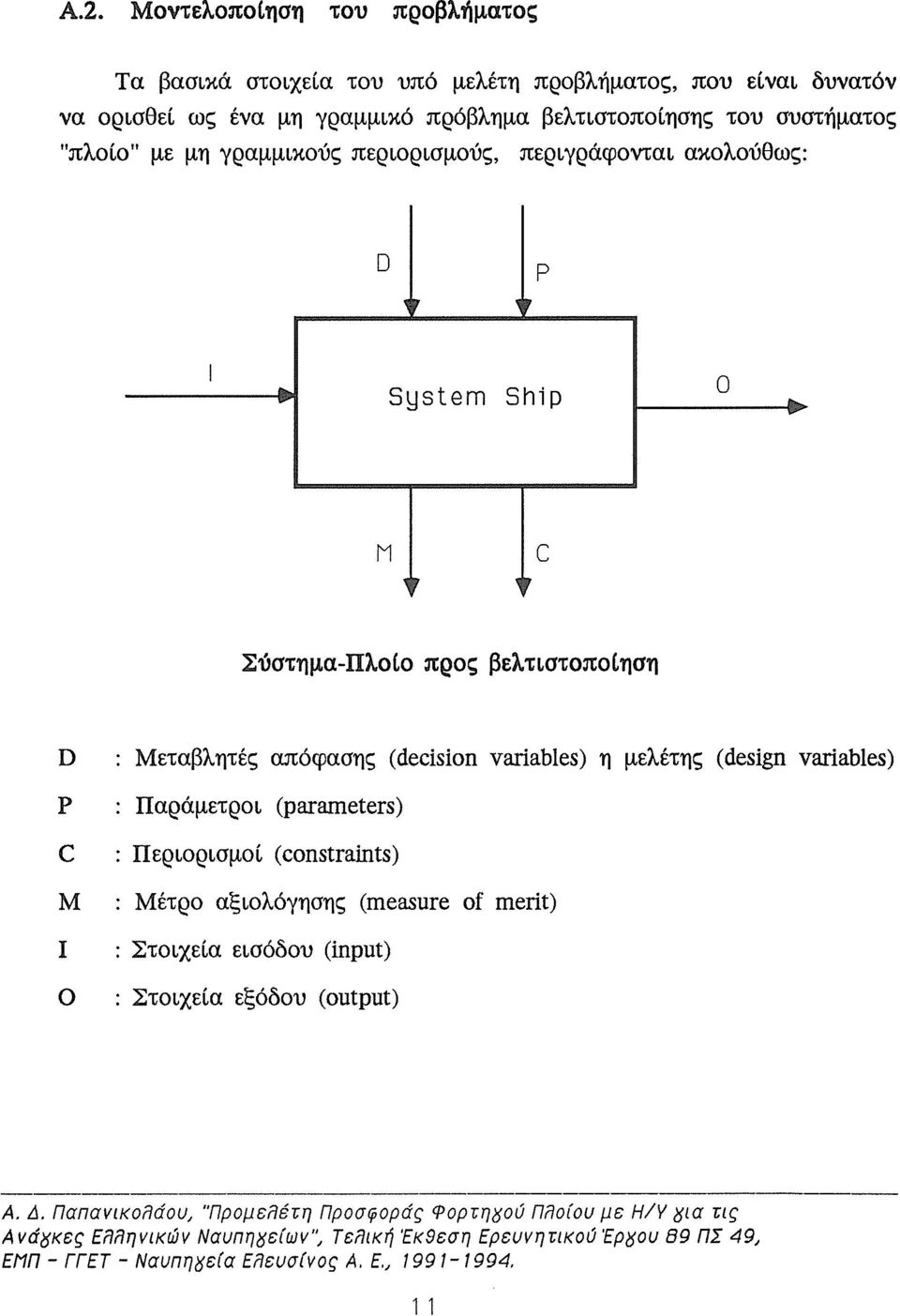 .. Μ C, " Σύστημα-Πλοίο προς βελτιστοποίηση D Μεταβλητές απόφασης (decision variables) η μελέτης (design variables) Ρ Παράμετροι (parameters) C : Περιορισμοί (constraints) Μ : Μέτρο