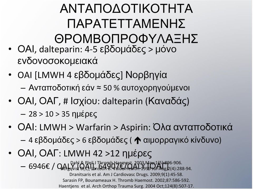 LMWH42>12ημέρες 6946 / QALY [OAI], 64907 /QALY [ΟΑΓ] Dahl & Pleil J Thromb Haemost. 2003 May;1(5):896 906. Bergqvist D(1), Jönsson B. Value Health. 1999 Jul Aug;2(4):288 94.