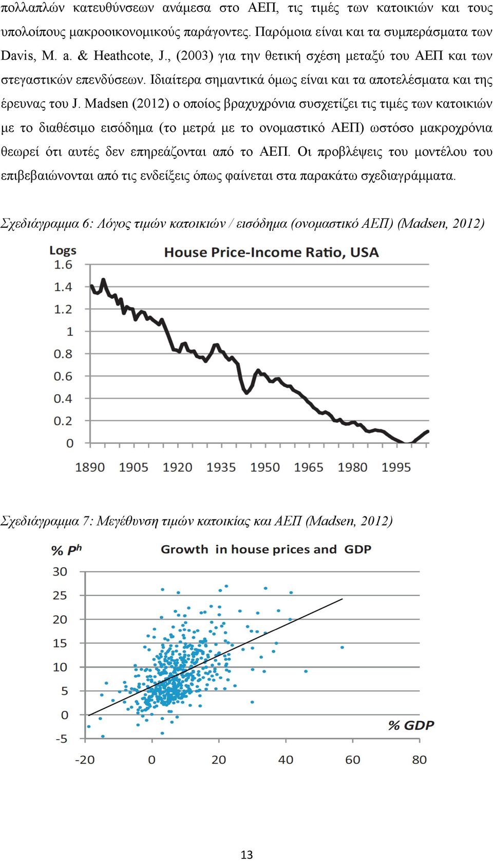 Madsen (2012) ο οποίος βραχυχρόνια συσχετίζει τις τιµές των κατοικιών µε το διαθέσιµο εισόδηµα (το µετρά µε το ονοµαστικό ΑΕΠ) ωστόσο µακροχρόνια θεωρεί ότι αυτές δεν επηρεάζονται από το ΑΕΠ.