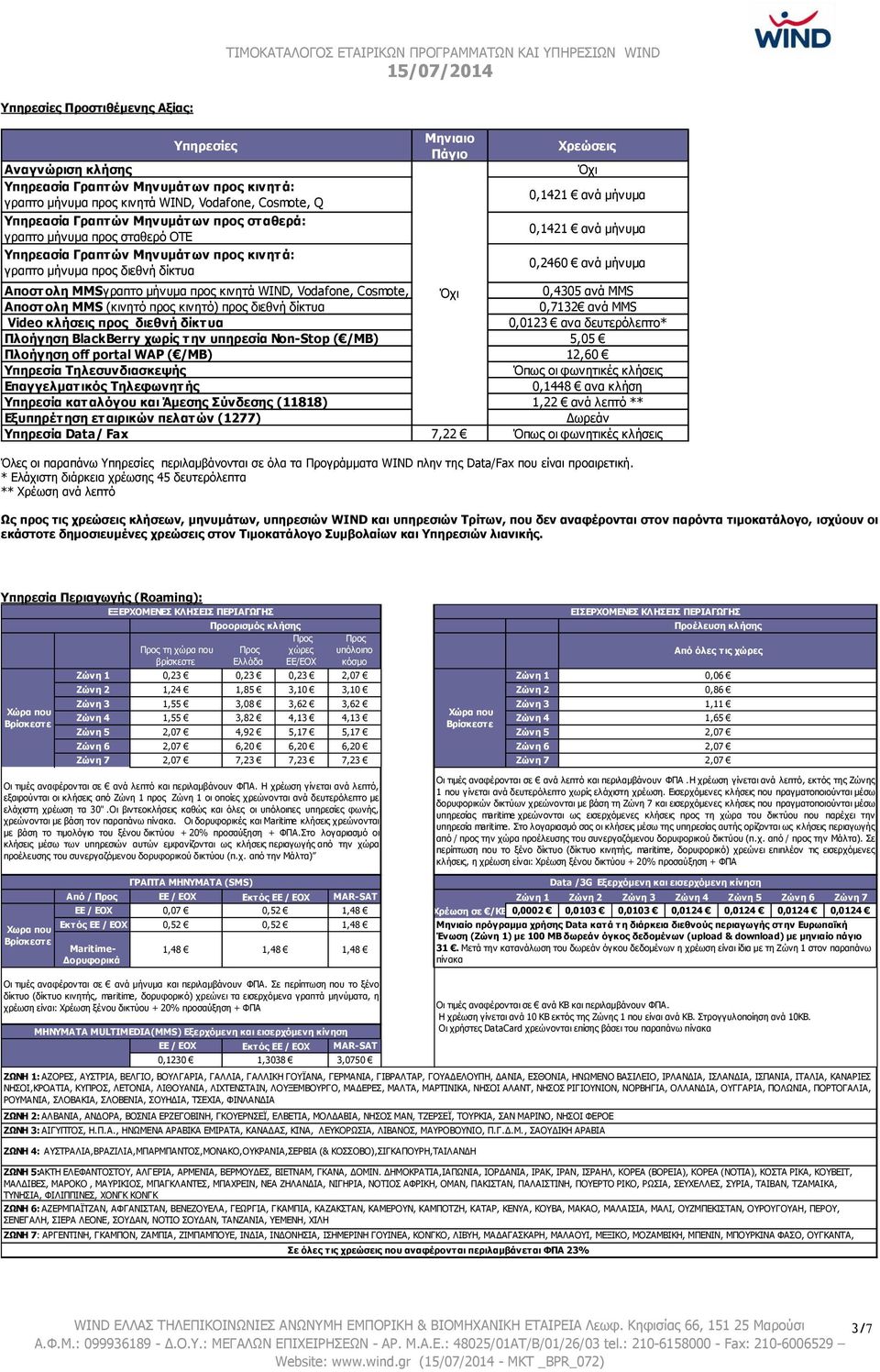 πξνο θηλεηά WIND, Vodafone, Cosmote, Q Όρη 0,4305 αλά MMS Απνζηνιε MMS (θηλεηό πξνο θηλεηό) πξνο δηεζλή δίθηπα 0,7132 αλά MMS Video θιήζεηο πξνο δηεζλή δίθηπα 0,0123 αλα δεπηεξόιεπην* Ξινήγεζε