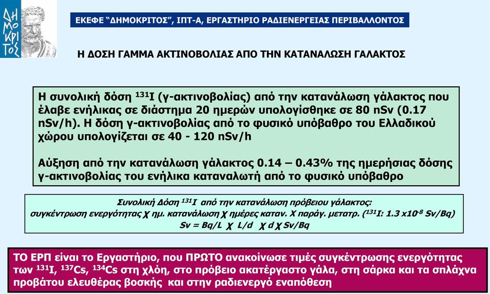 43% ηεο εκεξήζηαο δόζεο γ-αθηηλνβνιίαο ηνπ ελήιηθα θαηαλαισηή από ην θπζηθό ππόβαζξν Ππλνιηθή Γόζε 131 I από ηελ θαηαλάισζε πξόβεηνπ γάιαθηνο: ζπγθέληξσζε ελεξγόηεηαο ρ εκ. θαηαλάισζε ρ εκέξεο θαηαλ.