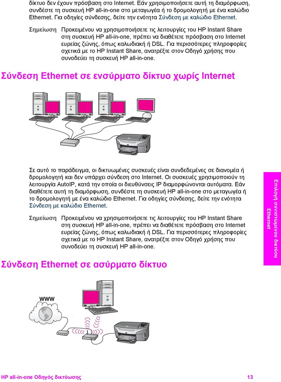 Προκειµένου να χρησιµοποιήσετε τις λειτουργίες του HP Instant Share στη συσκευή HP all-in-one, πρέπει να διαθέτετε πρόσβαση στο Internet ευρείας ζώνης, όπως καλωδιακή ή DSL.