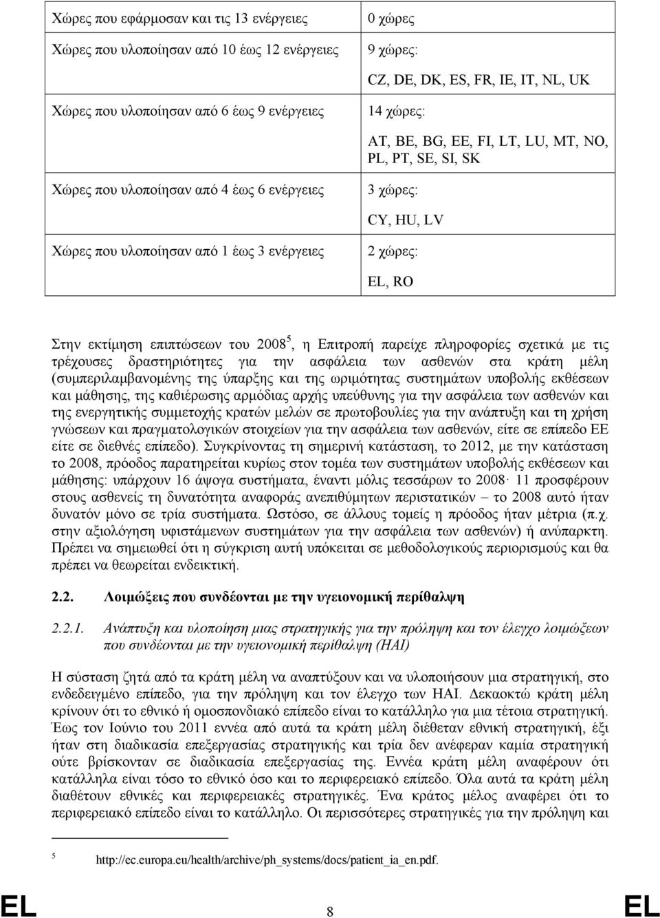 2008 5, η Επιτροπή παρείχε πληροφορίες σχετικά με τις τρέχουσες δραστηριότητες για την ασφάλεια των ασθενών στα κράτη μέλη (συμπεριλαμβανομένης της ύπαρξης και της ωριμότητας συστημάτων υποβολής