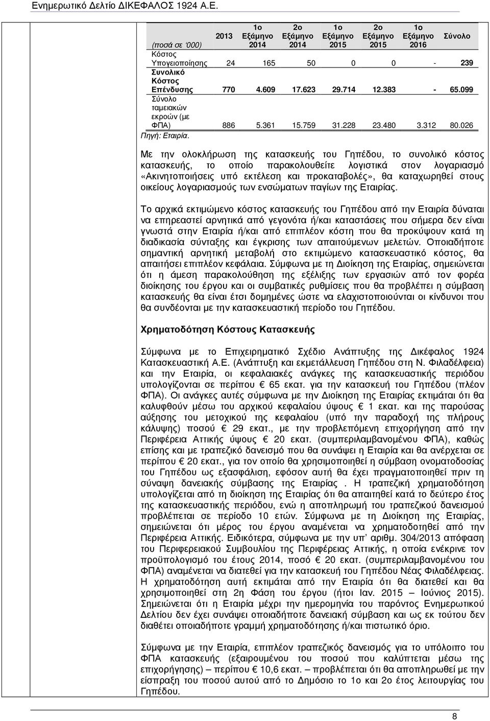 Με την ολοκλήρωση της κατασκευής του Γηπέδου, το συνολικό κόστος κατασκευής, το οποίο παρακολουθείτε λογιστικά στον λογαριασµό «Ακινητοποιήσεις υπό εκτέλεση και προκαταβολές», θα καταχωρηθεί στους