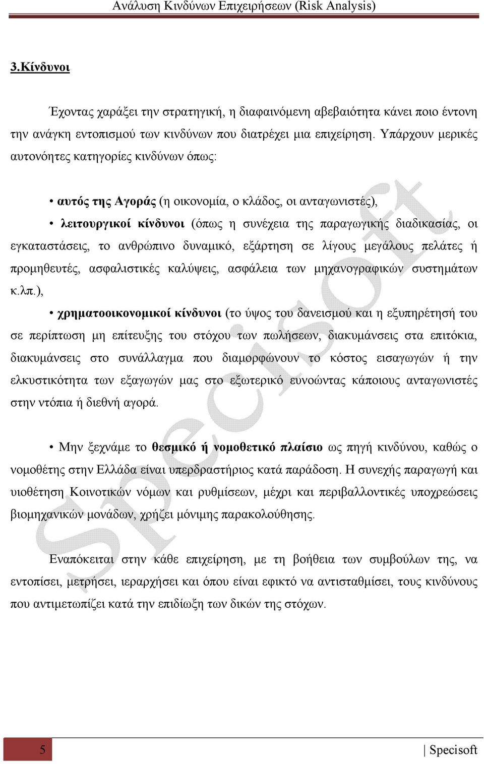 το ανθρώπινο δυναμικό, εξάρτηση σε λίγους μεγάλους πελάτες ή προμηθευτές, ασφαλιστικές καλύψεις, ασφάλεια των μηχανογραφικών συστημάτων κ.λπ.