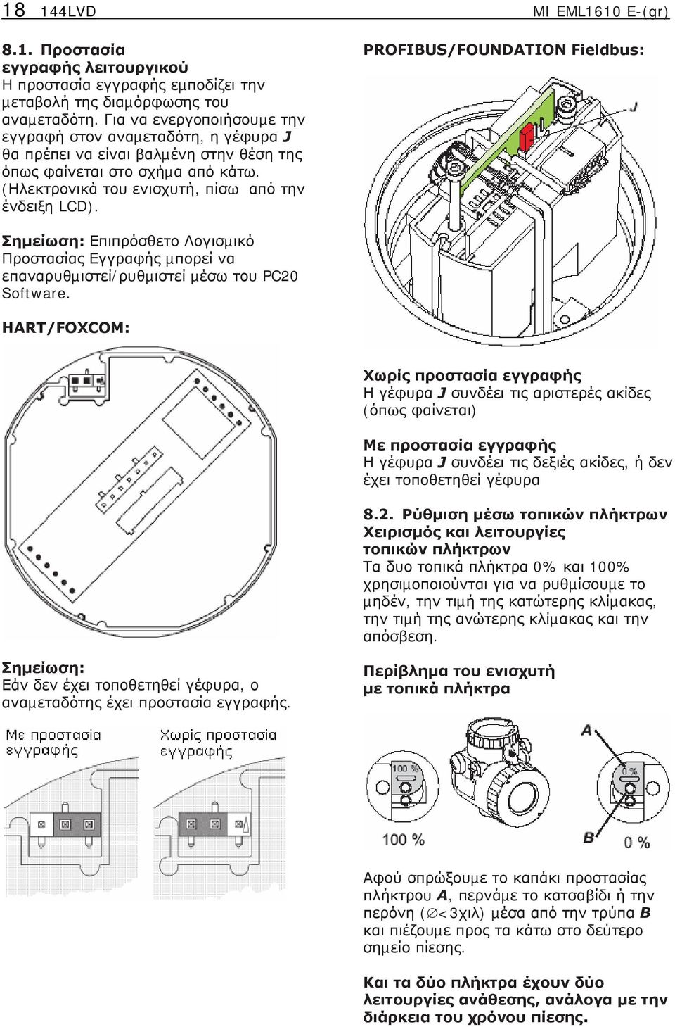 PROFIBUS/FOUNDATION Fieldbus: Σηµείωση: Επιπρόσθετο Λογισµικό Προστασίας Εγγραφής µπορεί να επαναρυθµιστεί/ρυθµιστεί µέσω του PC20 Software.